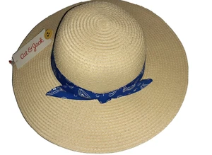 Cat Jax Girls Teen Floppy Sun Hat Natural Straw Tan Blue Ribbon Beach OS NWT - Picture 1 of 8