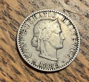 1885B Switzerland 20 Rappen Nickel Coin Circulated Swiss Helvetica - Picture 1 of 2