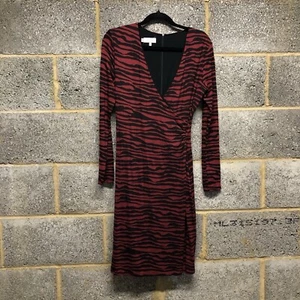 Hobbs Faux Wrap Midi Dress Womens UK 10 Red Black Zebra Stripe Stretch - Picture 1 of 14