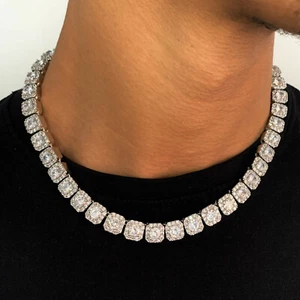 Iced Tennis Solitaire VVS Diamond Chain Necklace 10mm 18K White Gold Plated CZ - Picture 1 of 5