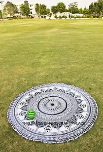 Black & White Indian Mandala Round Cotton Throw Hippie Beach Yoga Mat Tapestry - Picture 1 of 3