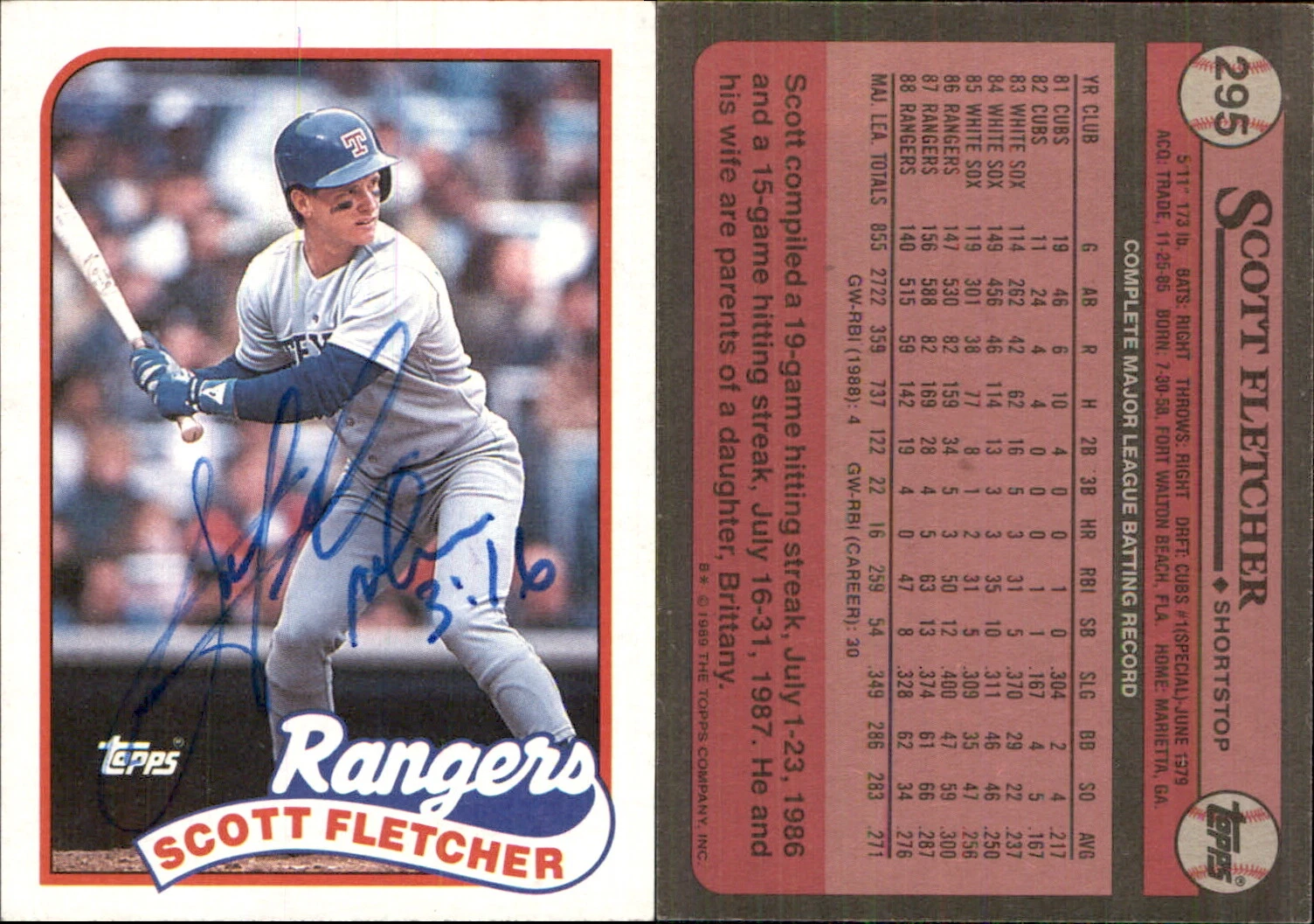 Scott Fletcher Signed 1989 Topps #295 Card Texas Rangers Auto AU