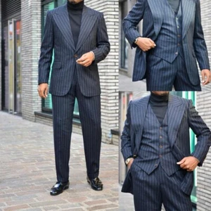 Herren Blauer Gestreifter Anzug Einreihige Jacke mit Breiten Kragen Structured - Picture 1 of 14