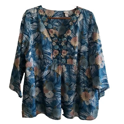 Top Venezia Mujer 22/24 Cintura Imperio Floral Azul Verde Algodón Manga Acampanada Foto 1 de 4