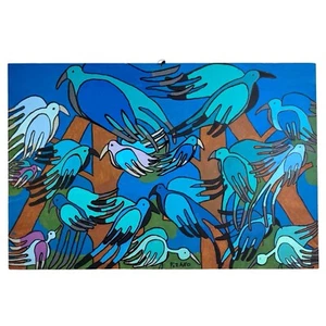 Latin Folk Art Original Painting Abstract Birds Naive Outsider Signed Pizano 24" - Picture 1 of 20