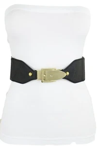 Women Gold Metal Bling Buckle Western Fashion Black Faux Leather Belt S M - Picture 1 of 12
