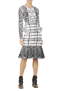 Bcbgmaxazria Black and White Emmanuelle Jacquard Peplum Dress Sz XXS Stretch - Picture 1 of 7