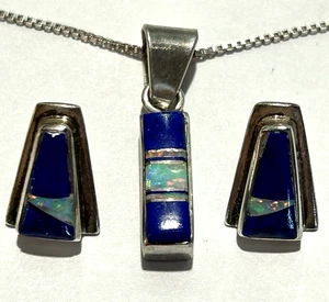 Southwestern Sterlingsilber Opal Lapislazuli Ohrringe Anhänger Halskette Set  - Bild 1 von 6