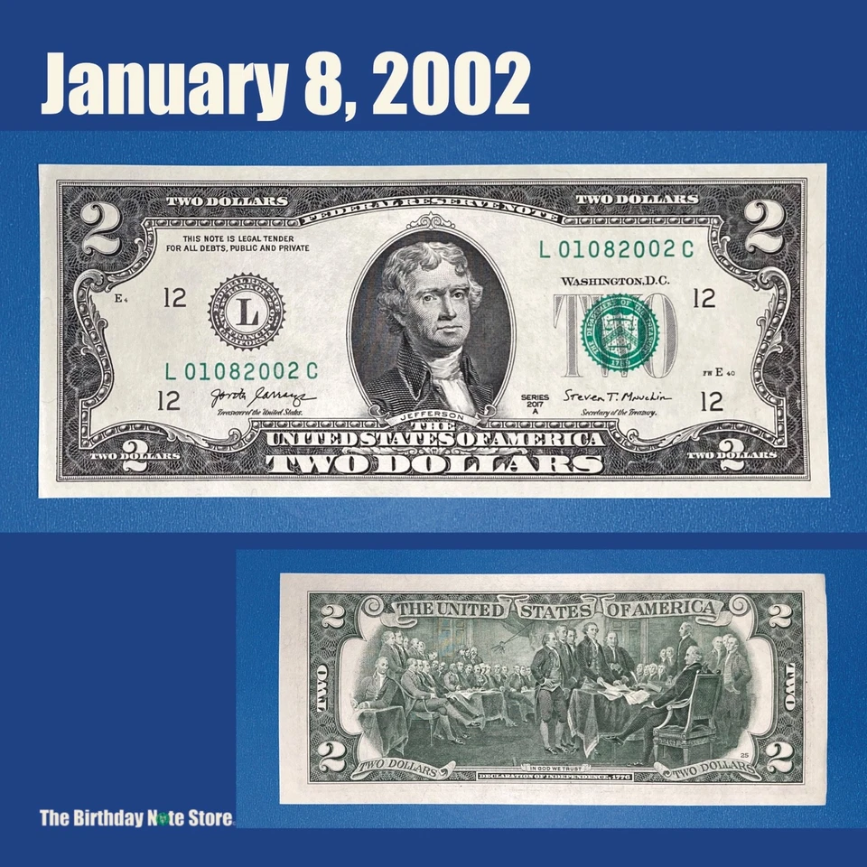 January 8, 2002 Birthday Anniversary $2 Two Dollar Bill Serial Number 01082002 - Image 1 of 2