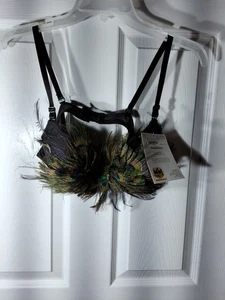Burlesque Style Peacock Feather Showgirl Costume Bra Top Sz LG 38-40 READ - Picture 1 of 7