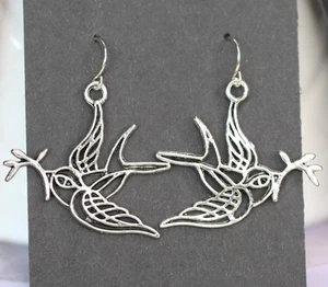 Dove Charm Earrings 925 Sterling Silver Hooks Pewter Charms 1 1/2" Peace Doves - Picture 1 of 3