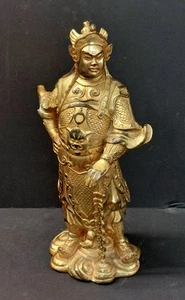 Alte Vintage chinesische vergoldete Bronze Bodhisattva Veda Wei Tuo Statue - 9,25" / 236 mm - Bild 1 von 15