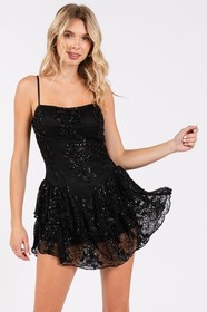Stretch Lace Layered Ruffle Mini Romper Dress Black Sparkle Glamorous Edgy Chic