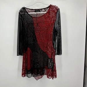 Womens Whimsigoth Sheer Mesh Crochet Tunic Top Size XXL Red Black Layered Boho - Picture 1 of 8