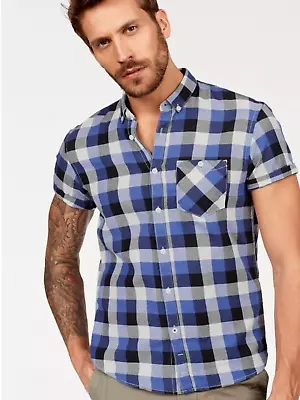 Tom Tailor Size XL Navy Blue Check Checked SHIRT Top Short Sleeve Casual - Image 1 of 4