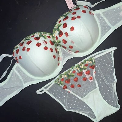 Victoria's Secret 34DDD,36DDD,38DDD BRA SET M,XL GREEN red strawberry embroider - Image 1 of 4