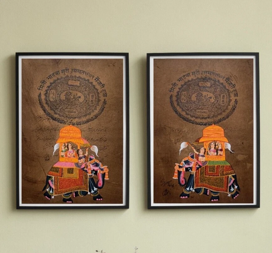Set of 2 Elephant Safari By Traditional Women Miniature Painting on Paper Stamp - Image 1 of 4