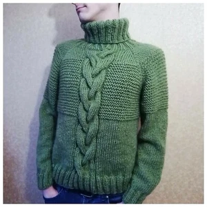 Chunky Knitted hand men's Sweater Mohair Turtleneck Loose Green Pullover Elegant - Picture 1 of 12