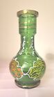 Vintage Bohemian Green Hand Blown Glass Small Vase Floral Hand Painted Vintage