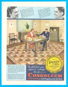 1936 CONGOLEUM RUG carpet vintage PRINT AD kitchen or living room dinner - Picture 1 of 3