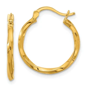 24K Solid Yellow Gold Twisted x 19mm Round Hoop Earrings - Picture 1 of 4