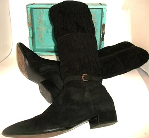 PRADA Vintage Black-Suede Tall Low-Heel Boots w Buckled Belt & Ruched Shaft 10M - Picture 1 of 13