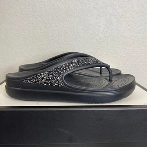 Crocs Sloane Glitter 207665 Black Wedge Flip Flop Thong Sandal Slip On Women's 9 - Picture 1 of 12