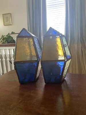 Par de apliques vintage de vitrales franceses azules/amarillos, decoración bohemia, sin cable Foto 1 de 4