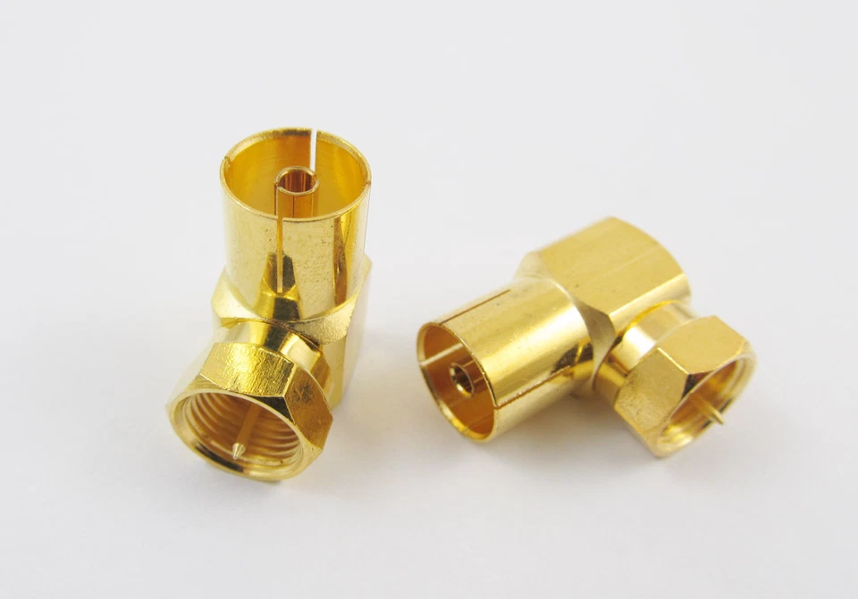 Gold F Plug Male To IEC PAL DVB-T TV Female Right Angle 90° RF Connector Adapter - Image 1 of 3
