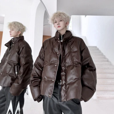 Abrigo corto estilo retro para hombre cuello alto imitación cuero acolchado chaqueta outwears cremallera Foto 1 de 4