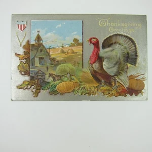 Erntedank Postkarte Wild Truthahn Bauernhof Obst Ernte geprägt antik 1910 - Bild 1 von 12