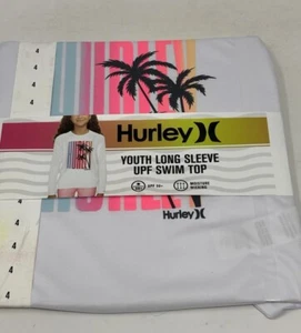 Hurley Girls Long Sleeve Swim Shirt Rash Guard White Size 4 Palm Trees NWT - Picture 1 of 9