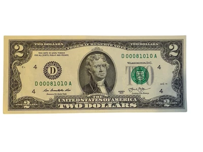 RARE Crisp Two Dollar Bill Sequential RARE Serial #D 00081010 A $2 Bill 2013 - Image 1 of 3