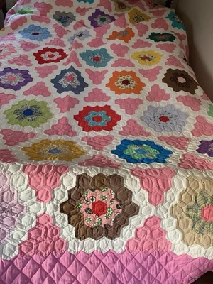 Grandmothers Flower Garden Quilt Vintage Fabrics ￼Twin Cottage Pink 76 X 90 - Image 1 of 4