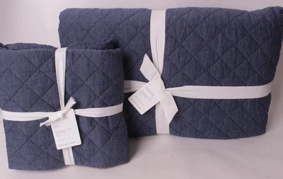 Edredón Pottery Barn Belgian Flax Linen Diamond King y fundas de 2 euros, azul denim Foto 1 de 2