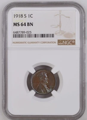 1918 S  LINCOLN WHEAT CENT NGC MS64BN - Image 1 of 2