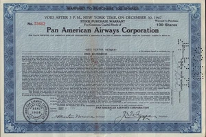 PAN AMERICAN AIRWAYS  CORP  Warrant 1947 - Juan Trippe - Payee Bertha Berman - Picture 1 of 1