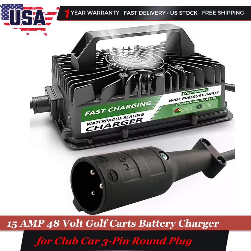48 Volt 15 Amp Golf Cart Battery Charger for Club Car 3-Pin Round Plug IP67 New - Image 1 of 4