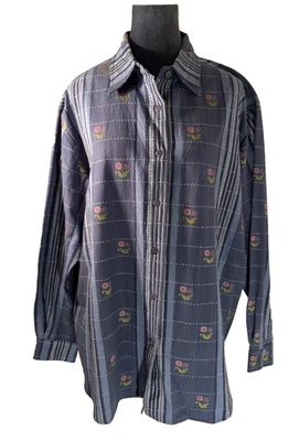 Camisa Lemon Grass Talla L Abotonada Azul Rayas Floral Manga Larga CottageCore Foto 1 de 4