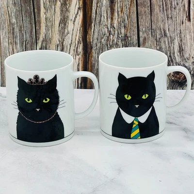 VTG Dept 56 Cats Meow His & Hers Black Cat Coffee Porcelain Mugs Cups Set of 2 - Image 1 of 4