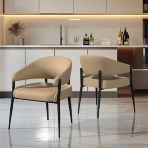 2Pcs Beige Leather Dining Chairs Metal Frame Padded Armchair Dining Room Kitchen - Picture 1 of 16