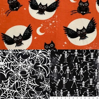 SUPER SNUGGLE FLANNEL Sewing Fabric HALLOWEEN Trio Skeletons Owls & Spider Webs - Image 1 of 4