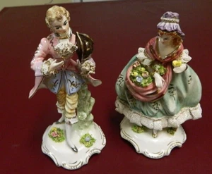 Vintage Porcelain Capodimonte ? Figurines Lace Floral Victorian Lady & Gentleman - Picture 1 of 8