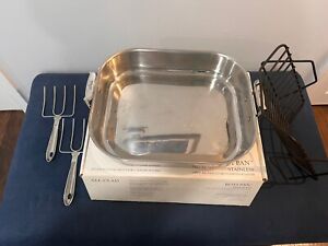 All Clad Stainless Steel Roasting Pan W/Roasting Rack And Forks In Original Box