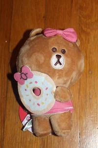LINE FRIENDS 14" Peluche Choco Beige Orso Bambola Rosa Fiocco che tiene Ciambella Feltro Nuovo con etichette - Foto 1 di 3