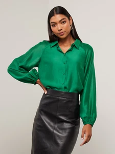 $90 PORTMANS Amelia EMERALD GREEN button through BLOUSE 16 top BALLOON SLEEVE - Picture 1 of 4
