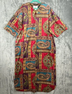 Vintage David Marrón Caftán Grande Asiático Terciopelo Paisley Floral Muumuu Mrs Roper Foto 1 de 4
