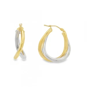 9ct Yellow & White Gold Twist Hoop Earrings - 22x24x8mm - 2.2g - Picture 1 of 5
