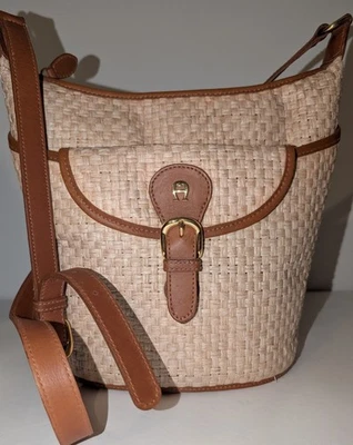 ETIENNE AIGNER Woven Straw Tan Leather Shoulder Crossbody Bag EUC - Image 1 of 4