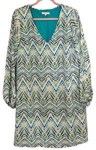 Halo Dress Med Tropical Greens Chevron Print V Neck Teal Fully Lined Cruise Midi - Picture 1 of 7